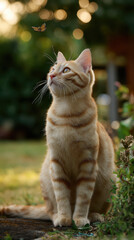 Cat observing butterfly fluttering nearby outdoor