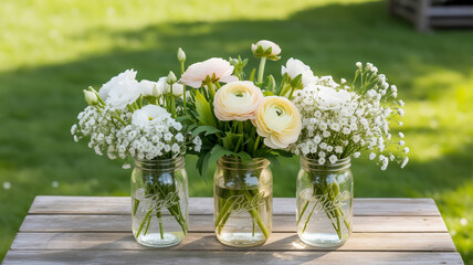 Delicate white and pale pink ranunculus and baby's breath flowers in glass jars on a wooden table