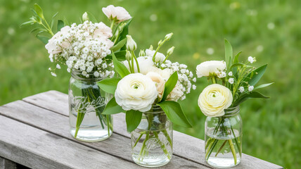 Delicate white ranunculus and baby's breath floral arrangements in glass jars white flowers