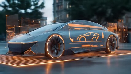 Futuristic electric sports car with integrated digital HUD interface and neon lighting in urban setting, advanced automotive technology concept - Powered by Adobe