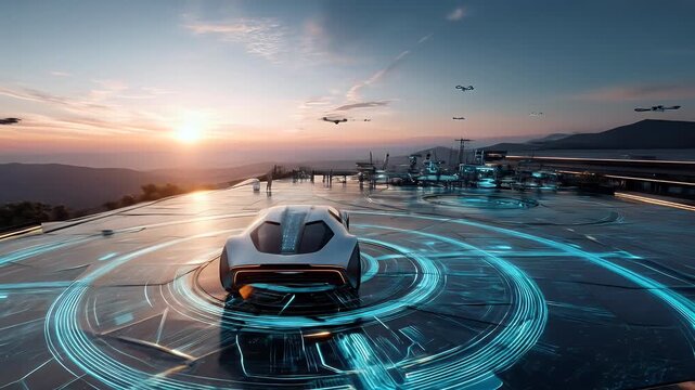 Futuristic silver hover car on illuminated landing pad with drones flying at sunset over distant mountains