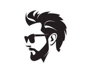 Silhouette of a stylish man with a beard, sunglasses, and trendy hairstyle against a white background.