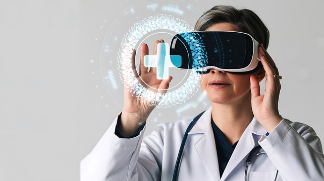 Doctor wearing vr headset interacting with holographic medical data