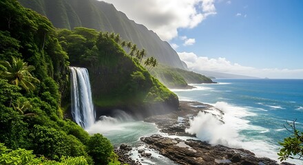 Spectacular tropical landscape featuring a majestic waterfall cascading into the ocean and lush