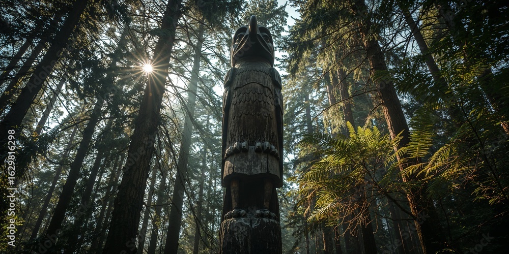 Poster a low angle shot of a totem pole in a forest with sunlight filtering through the trees in the backgr