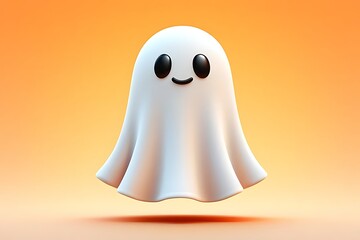 Adorable halloween ghost with happy face in cartoon style on orange background, floating spooky character in 3d cute white ghost costume for holiday, kids event, haunted theme or halloween party