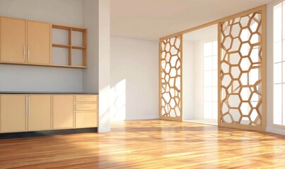 Obraz premium Light-filled room with honey-toned cabinets and a patterned screen.