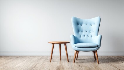 Light blue armchair and small wooden table in a room.