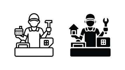 Home Repair Service Icons:  Professional Handyman,  House Repair,  Maintenance,  Tools,  Black and White Line Art,  Simple Style,  Reliable Service.