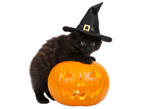 Black Kitten in Witch Hat with Jack-o'-Lantern - Powered by Adobe