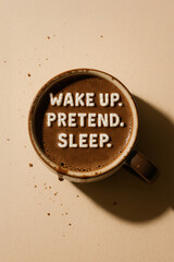 Funny Coffee Cup with Foam Letters Saying "Wake Up. Pretend. Sleep." – Sarcastic Quote in Top View Editorial Style on Beige Background for Morning Mood and Lifestyle Design