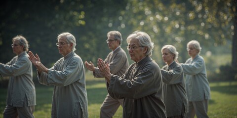 A group of elderly people are practicing tai chi in a park on a sunny day with trees in the background
