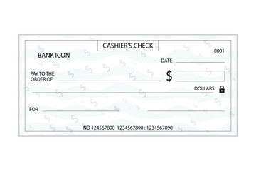 Cashiers check document with dollar signs and lock finance money. blank bank check. checkbook vector template.