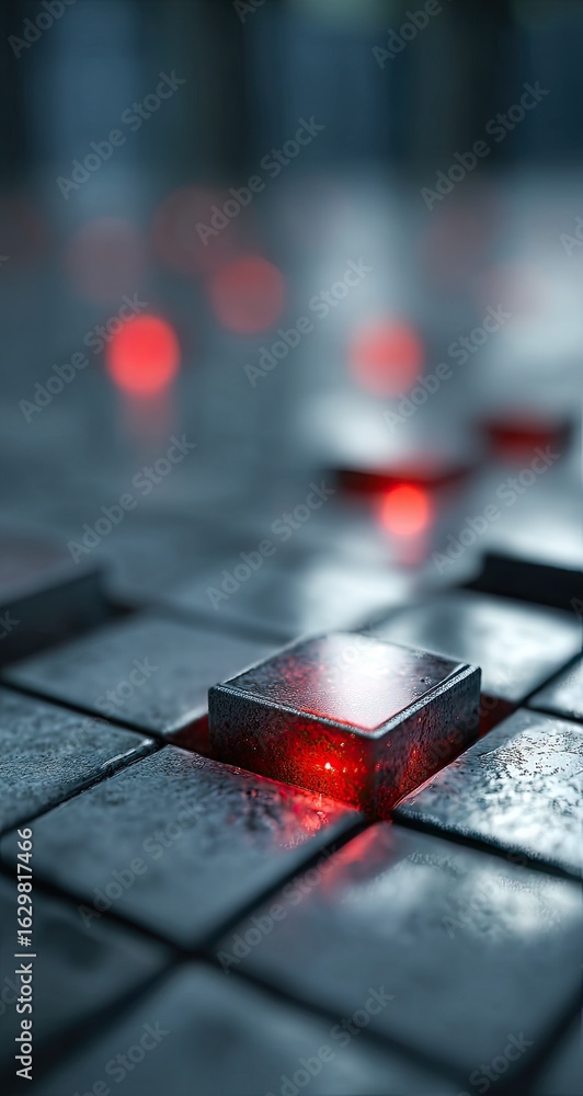 Poster close-up view of metallic squares, one highlighted with red light