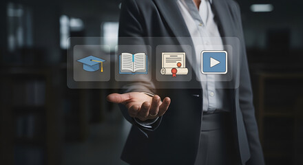 Businessman Presenting Online Education Icons for Learning, Graduation, and Certification