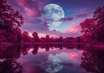 Fototapeta premium Enchanting full moon reflecting on a serene lake amidst vibrant pink and purple hues