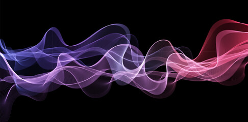 Vector Abstract Shiny Glowing Spectrum Blue Purple Pink Color Wave. Transparent Flowing Wavy Lines. Colorful Smoky Wavy Lines background. Black BG