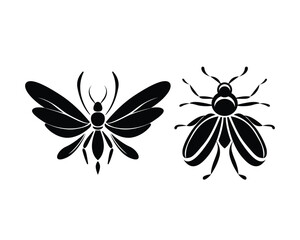 Stylized black and white silhouette illustration of two insects, a butterfly-like and a beetle-like creature.