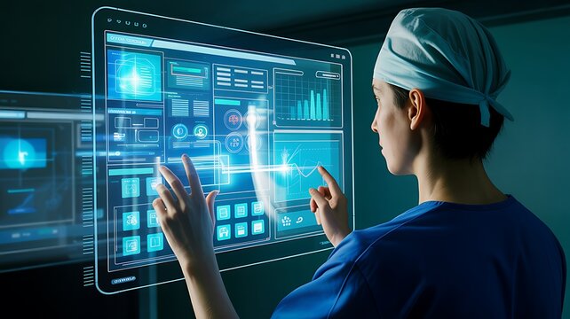 Surgeon interacting with futuristic medical holographic display - Powered by Adobe