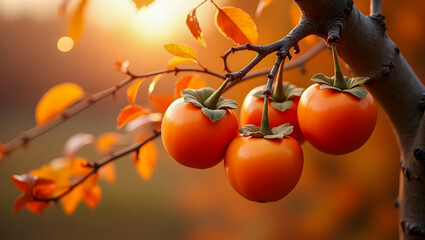 Persimmons Hanging on Branch with Autumn Leaves in Background and Golden Hour Light