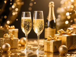 Two glasses of sparkling champagne surrounded by golden presents, baubles, and a bottle of champagne in a glamorous festive setting with warm golden lights and elegant decor