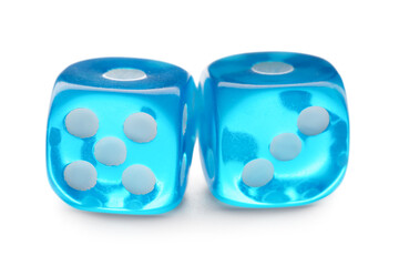 Blue game dices on white background