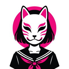 Japanese girl in school uniform wearing kitsune fox mask, traditional and modern cultural fusion illustration with pink sun circle