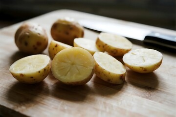 potatoes on a wooden board