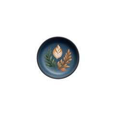 A beautifully designed plate featuring artistic leaf illustrations in green, orange, and cream colors. Perfect for showcasing culinary delights or home decoration.