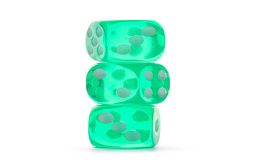 Stack of green game dices on white background