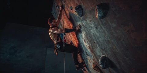 A man climbing an indoor rock climbing wall with various holds and safety equipment visible in the scene