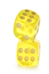 Yellow game dices on white background