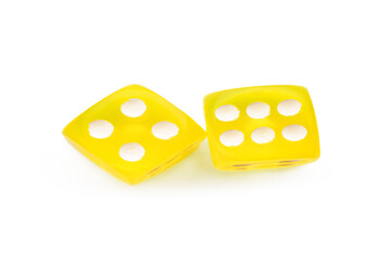 Yellow game dices on white background