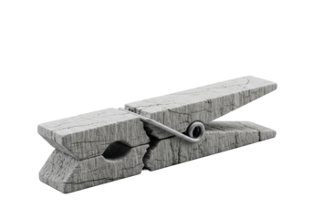 A single, broken wooden clothespin petrified into a detailed light grey granite sculpture with fossilized grain on a clean seamless background with uniform lighting, concept of geological marvel and