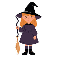 Charming flat style illustration of a young witch standing with a broomstick, ideal for Halloween decorations, children s books, and magical themed projects.