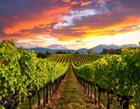 Vineyard sunset, rows of grapevines
