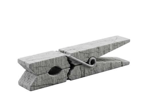 A single, broken wooden clothespin petrified into a detailed light grey granite sculpture with fossilized grain on a clean seamless background with uniform lighting, concept of geological marvel and