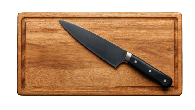 Chef's knife on wooden cutting board