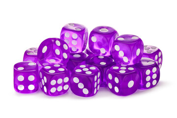 Many purple game dices on white background