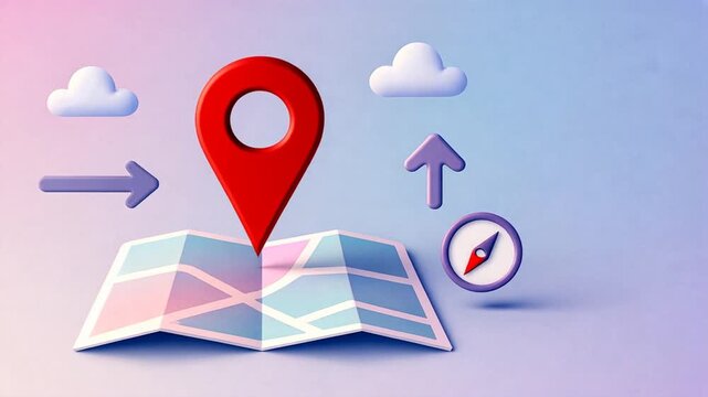 A red location pin above a digital map on a soft background showing multi destination trip, trip coordination, multi trip