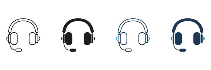 Headset With Microphone Line And Solid Icon Set. Communication, Customer Support, And Gaming Audio Equipment Symbol Collection. Call Center And Online Gaming Tools. Isolated Vector Illustration