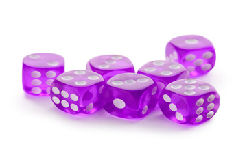 Many purple game dices on white background