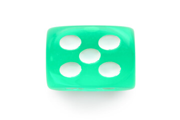 Green game dice on white background