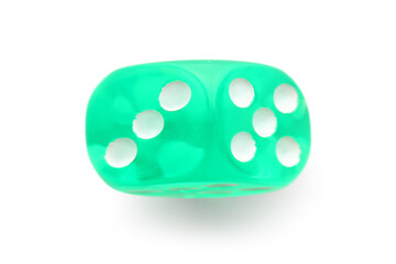 Green game dice on white background