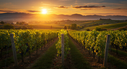Vineyard landscape at sunset with grapevines and hills in the background for wine tourism and agriculture