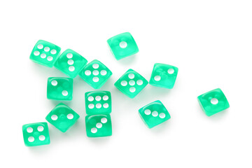 Many green game dices on white background
