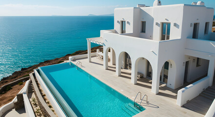Fototapeta premium White villa ocean view infinity pool luxury travel destination vacation rental greece architecture summer getaway