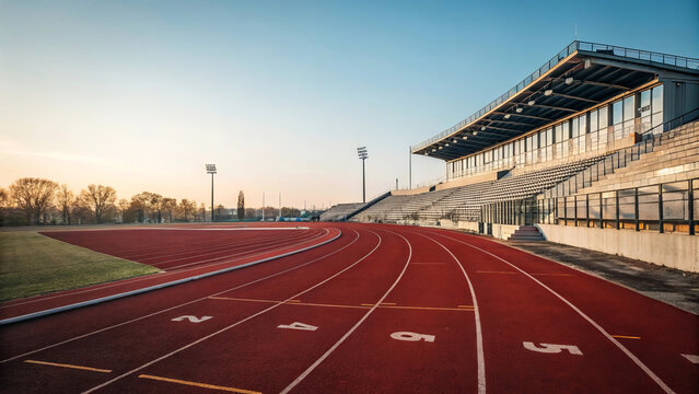 Empty athletic stadium track and grandstands at sunrise