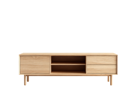 Light-toned wooden TV stand with two drawers and open shelving