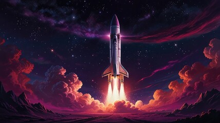 Fototapeta premium A rocket ship ascends into the starry night sky, leaving fiery trails.